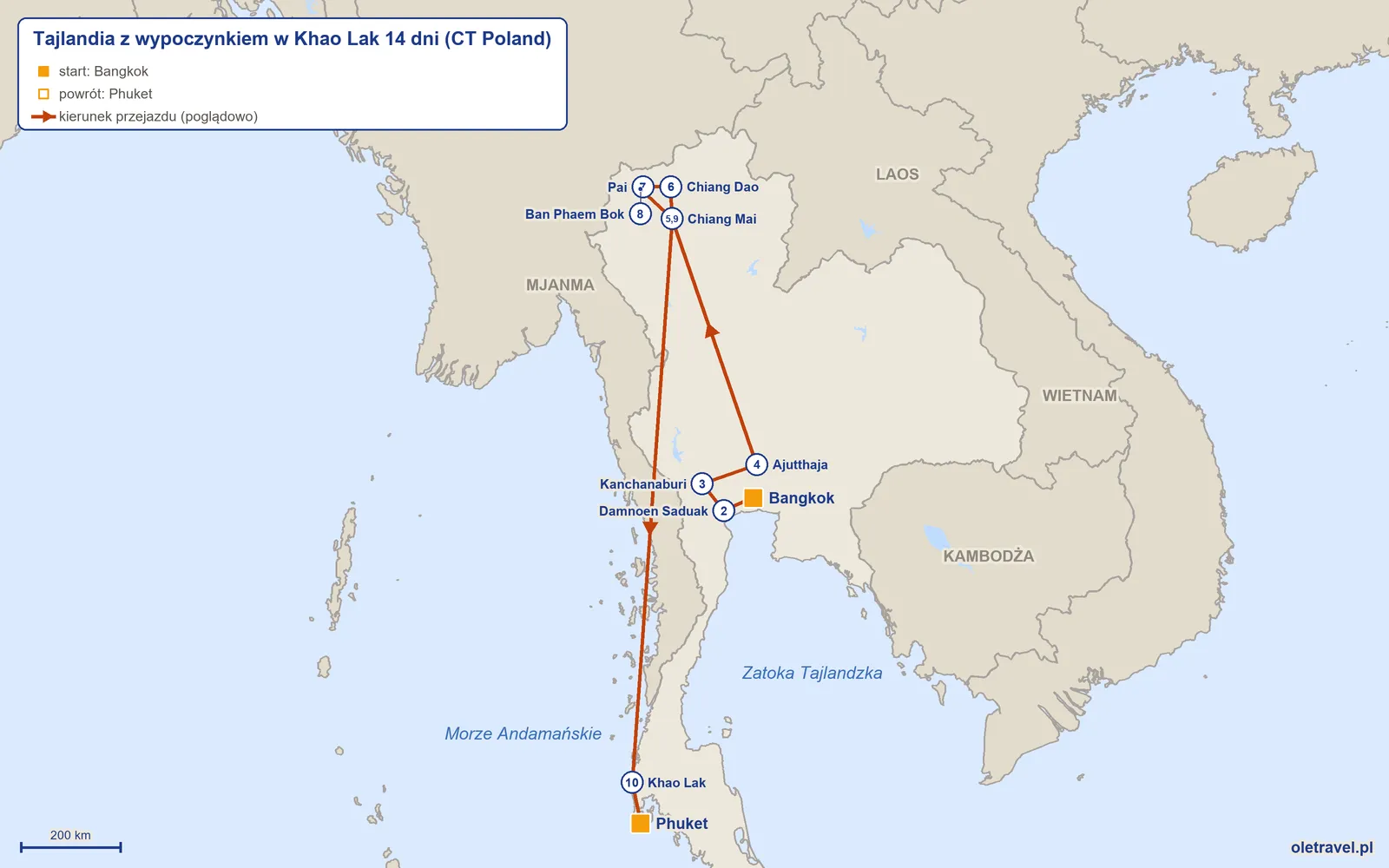 Mapa trasy wycieczki „Tajlandia z wypoczynkiem w Khao Lak 14 dni” z CT Poland: Bangkok – Damnoen Saduak – Kanchanaburi – Ajutthaja – Chiang Mai – Chiang Dao – Pai – Ban Phaem Bok – Chiang Mai – Khao Lak – Phuket