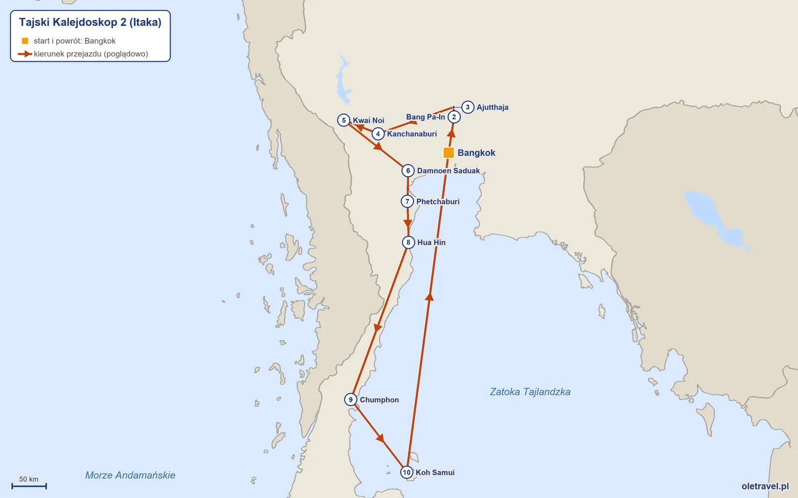 Mapa trasy wycieczki „Tajski Kalejdoskop 2” z Itaką: Bangkok – Bang Pa-In – Ajutthaja – Kanchanaburi – Kwai Noi – Damnoen Saduak – Phetchaburi – Hua Hin – Chumphon – Koh Samui – Bangkok