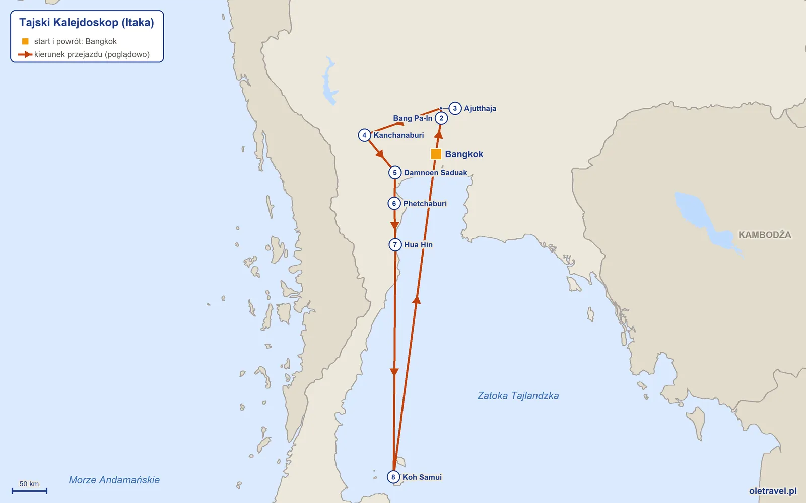 Mapa trasy wycieczki „Tajski Kalejdoskop” z Itaką: Bangkok – Bang Pa-In – Ajutthaja – Kanchanaburi – Damnoen Saduak – Phetchaburi – Hua Hin – Koh Samui – Bangkok