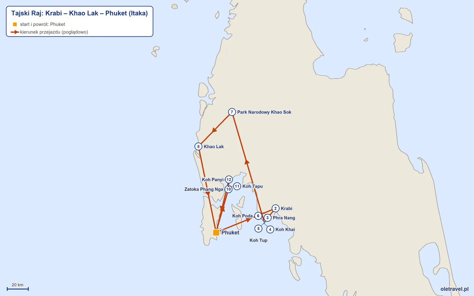 Mapa trasy wycieczki „Tajski Raj: Krabi – Khao Lak – Phuket” z Itaką: Phuket – Krabi – Phra Nang – Koh Khai – Koh Tup – Koh Poda – Park Narodowy Khao Sok – Khao Lak – Phuket – Zatoka Phang Nga – Koh Tapu – Koh Panyi – Phuket