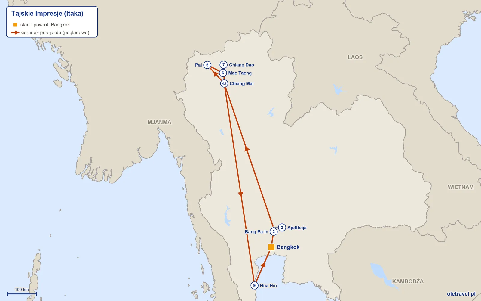 Mapa trasy wycieczki „Tajskie Impresje” z Itaką: Bangkok – Bang Pa-In – Ajutthaja – Chiang Mai – Pai – Mae Taeng – Chiang Dao – Chiang Mai – Hua Hin – Bangkok
