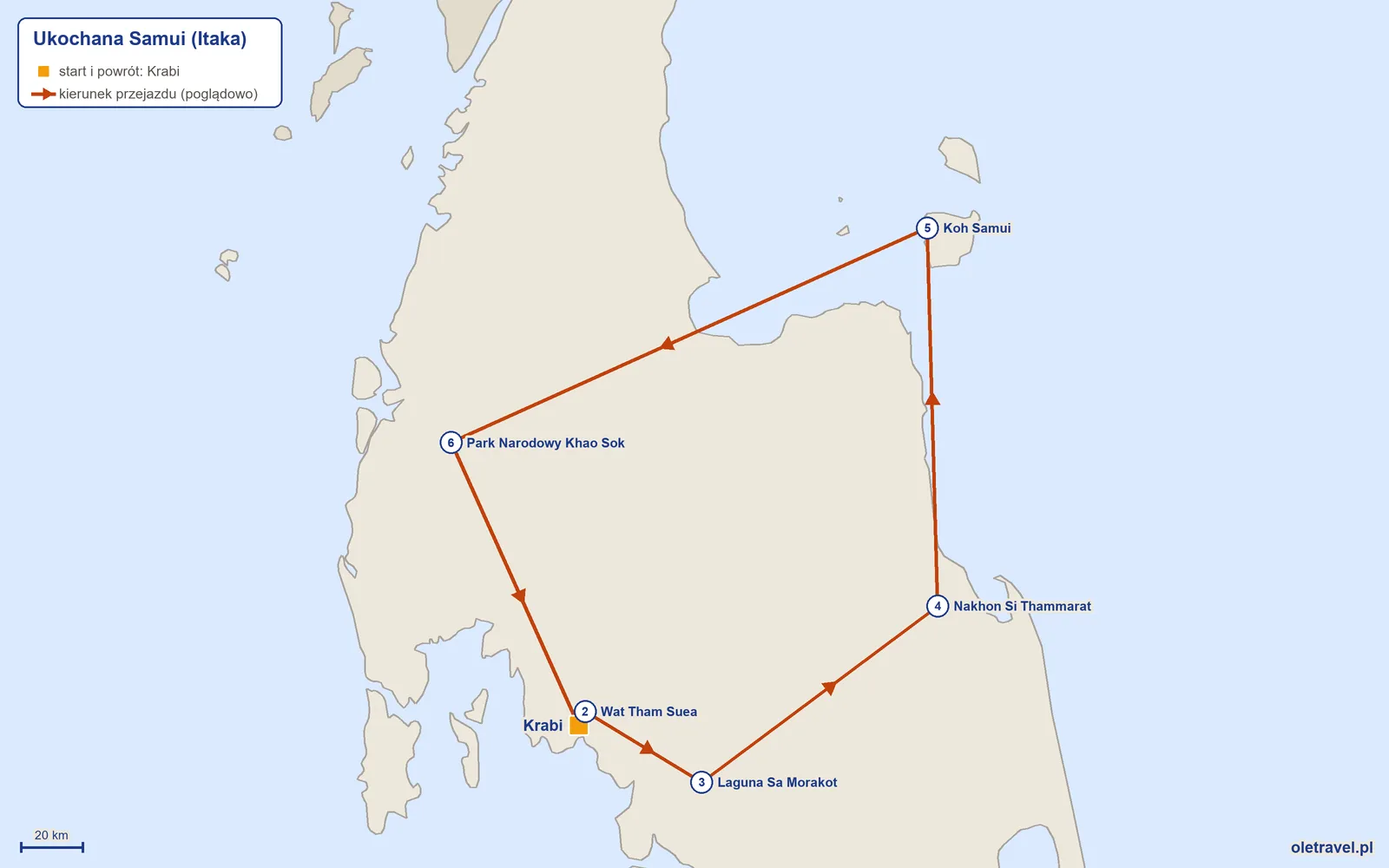 Mapa trasy wycieczki „Ukochana Samui” z Itaką: Krabi – Wat Tham Suea – Laguna Sa Morakot – Nakhon Si Thammarat – Koh Samui – Park Narodowy Khao Sok – Krabi