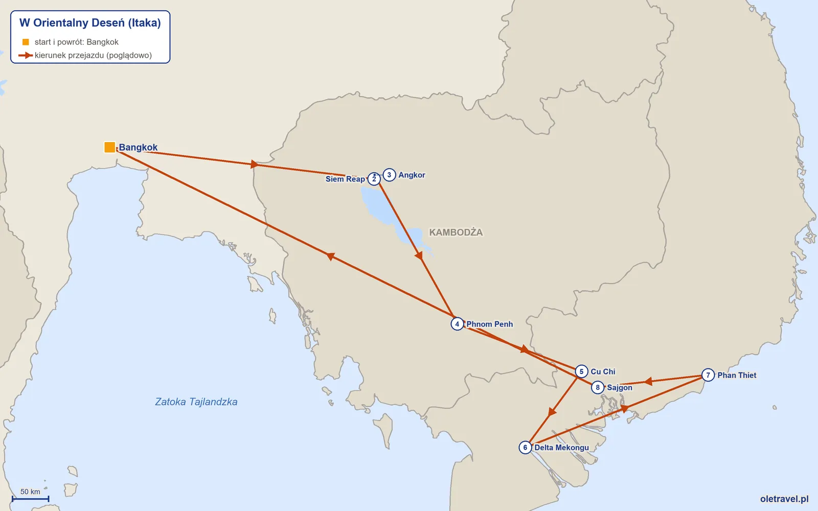 Mapa trasy wycieczki „W Orientalny Deseń” z Itaką: Bangkok – Siem Reap – Angkor – Phnom Penh – Cu Chi – Delta Mekongu – Phan Thiet – Sajgon – Bangkok