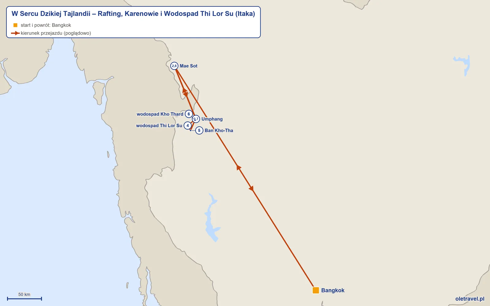 Mapa trasy wycieczki „W Sercu Dzikiej Tajlandii – Rafting, Karenowie i Wodospad Thi Lor Su” z Itaką: Bangkok – Mae Sot – Umphang – wodospad Thi Lor Su – Ban Kho-Tha – wodospad Kho Thard – Umphang – Mae Sot – Bangkok