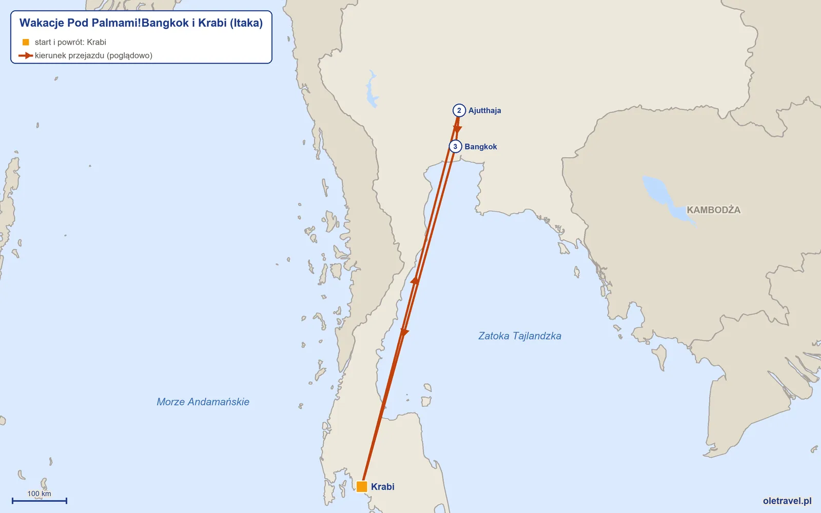 Mapa trasy wycieczki „Wakacje Pod Palmami!Bangkok i Krabi” z Itaką: Krabi – Ajutthaja – Bangkok – Krabi