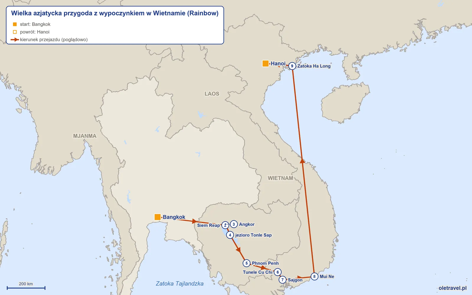 Mapa trasy wycieczki „Wielka azjatycka przygoda z wypoczynkiem w Wietnamie” z Rainbow: Bangkok – Siem Reap – Angkor – jezioro Tonle Sap – Phnom Penh – Tunele Cu Chi – Sajgon – Mui Ne – Zatoka Ha Long – Hanoi