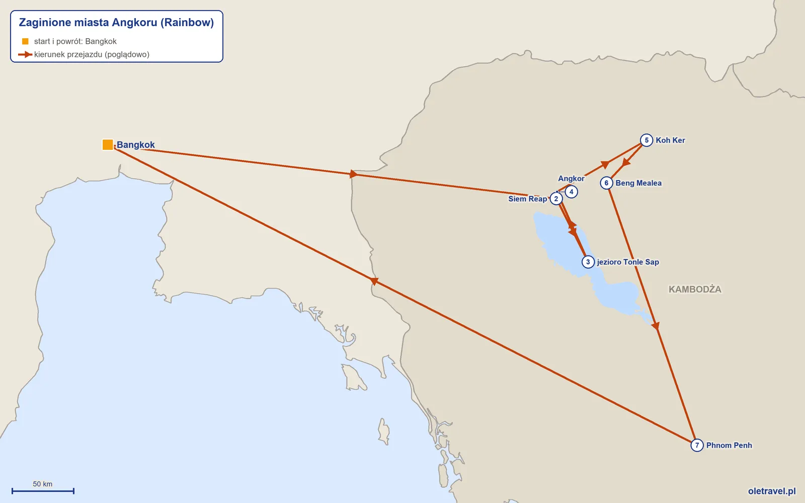 Mapa trasy wycieczki „Zaginione miasta Angkoru” z Rainbow: Bangkok – Siem Reap – jezioro Tonle Sap – Angkor – Koh Ker – Beng Mealea – Phnom Penh – Bangkok