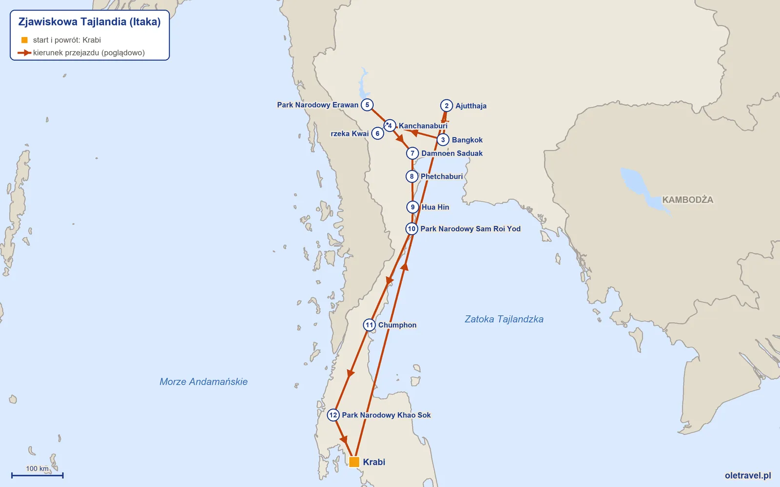 Mapa trasy wycieczki „Zjawiskowa Tajlandia” z Itaką: Krabi – Ajutthaja – Bangkok – Kanchanaburi – Park Narodowy Erawan – rzeka Kwai – Damnoen Saduak – Phetchaburi – Hua Hin – Park Narodowy Sam Roi Yod – Chumphon – Park Narodowy Khao Sok – Krabi