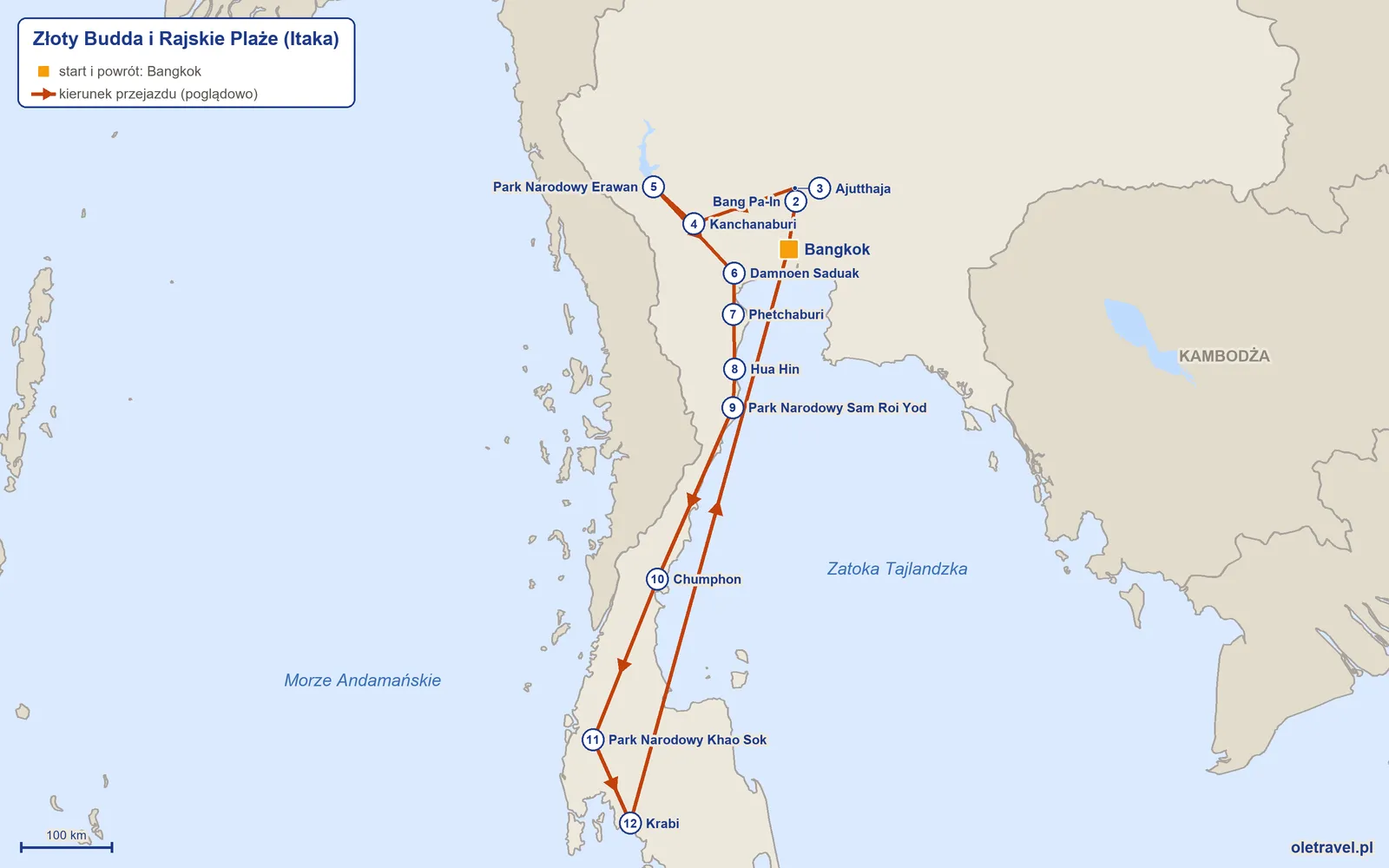 Mapa trasy wycieczki „Złoty Budda i Rajskie Plaże” z Itaką: Bangkok – Bang Pa-In – Ajutthaja – Kanchanaburi – Park Narodowy Erawan – Damnoen Saduak – Phetchaburi – Hua Hin – Park Narodowy Sam Roi Yod – Chumphon – Park Narodowy Khao Sok – Krabi – Bangkok