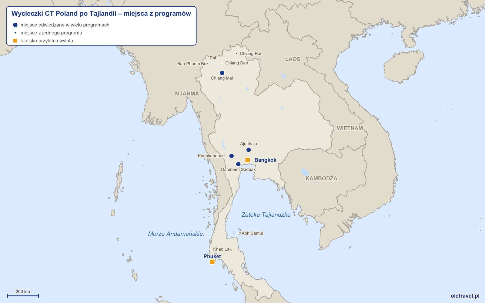 Mapa: Tajlandia z miejscami z programów wycieczek objazdowych CT Poland