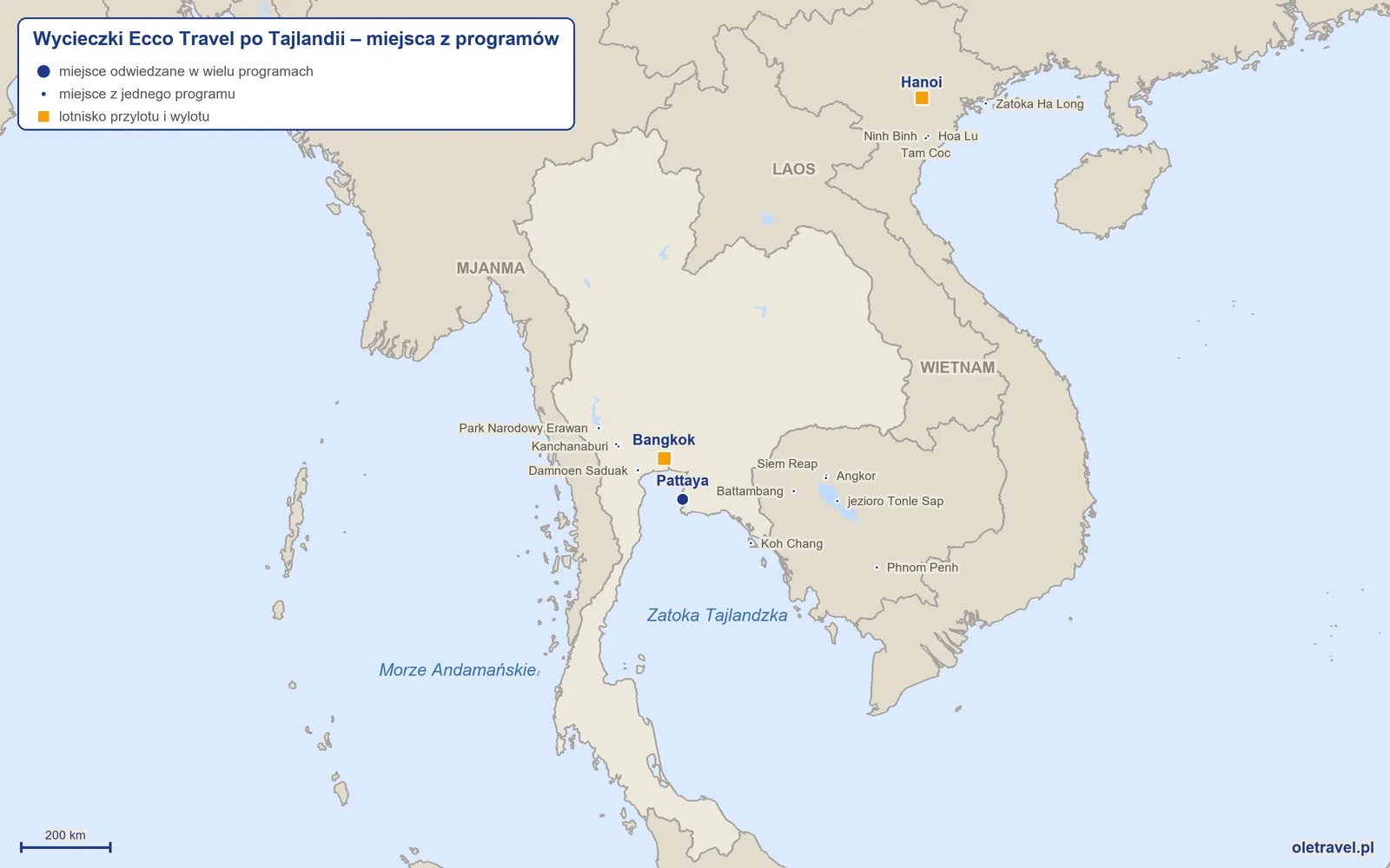 Mapa: Tajlandia z miejscami z programów wycieczek objazdowych Ecco Travel