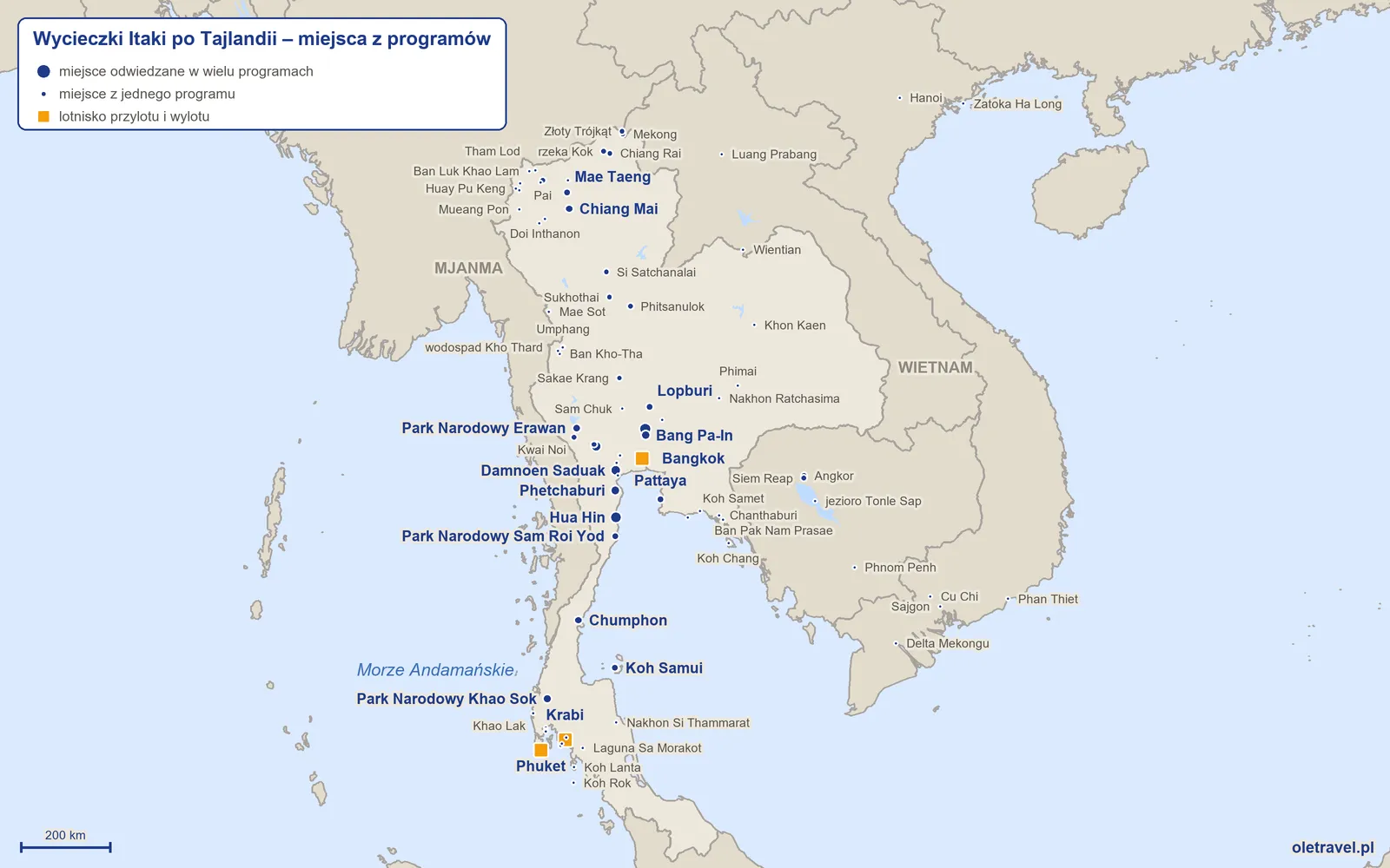Mapa: Tajlandia z miejscami z programów wycieczek objazdowych Itaki