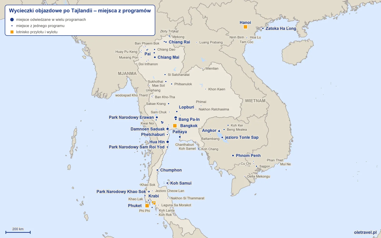 Mapa: Tajlandia z miejscami odwiedzanymi na wycieczkach objazdowych z naszej oferty