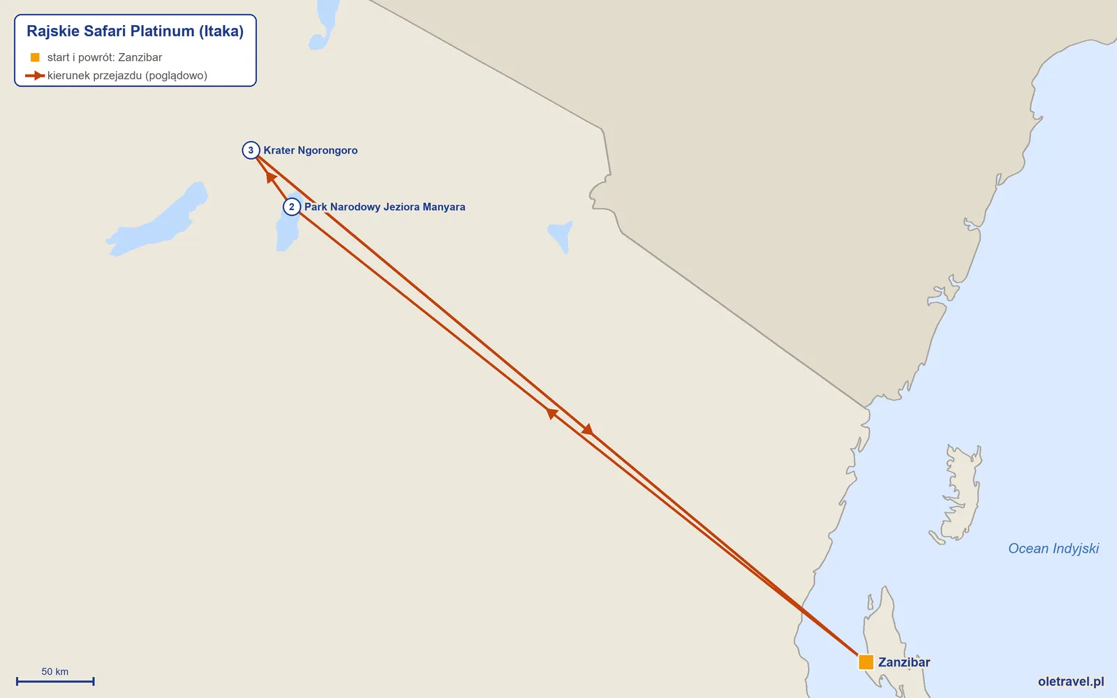 Mapa trasy wycieczki „Rajskie Safari Platinum” z Itaką: Zanzibar – Park Narodowy Jeziora Manyara – Krater Ngorongoro – Zanzibar