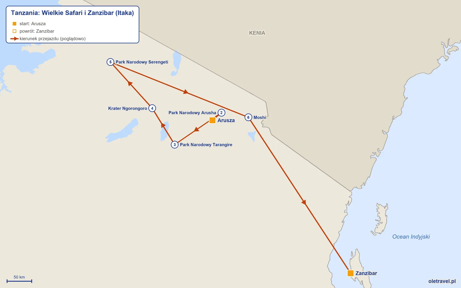 Mapa trasy wycieczki „Tanzania: Wielkie Safari i Zanzibar” z Itaką: Arusza – Park Narodowy Arusha – Park Narodowy Tarangire – Krater Ngorongoro – Park Narodowy Serengeti – Moshi – Zanzibar