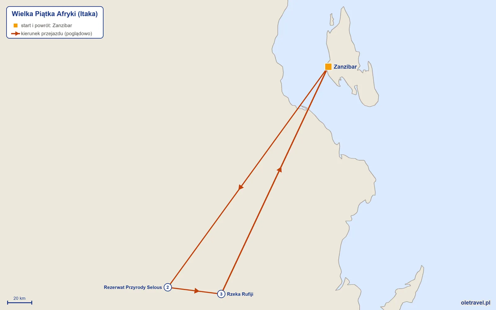 Mapa trasy wycieczki „Wielka Piątka Afryki” z Itaką: Zanzibar – Rezerwat Przyrody Selous – Rzeka Rufiji – Zanzibar