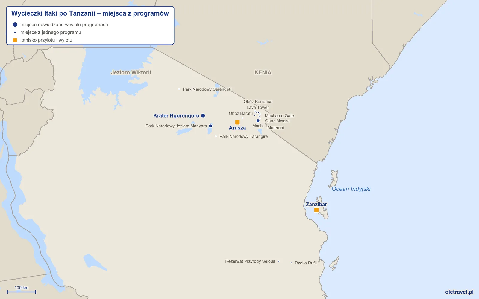 Mapa: Tanzania z miejscami z programów wycieczek objazdowych Itaki