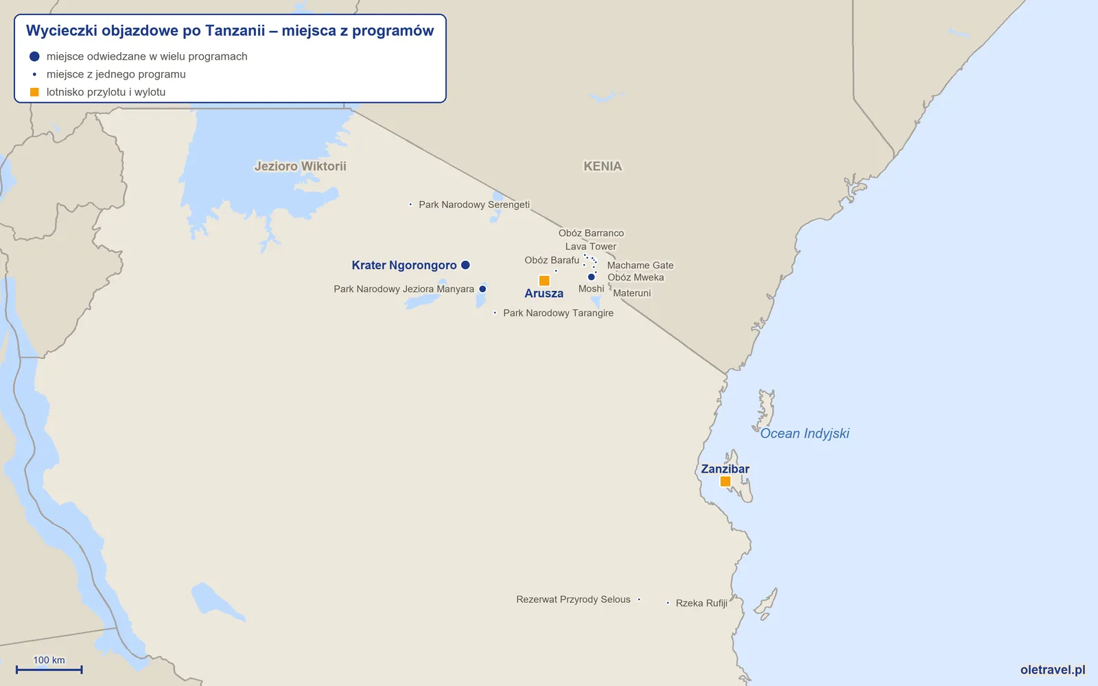 Mapa: Tanzania z miejscami odwiedzanymi na wycieczkach objazdowych z naszej oferty
