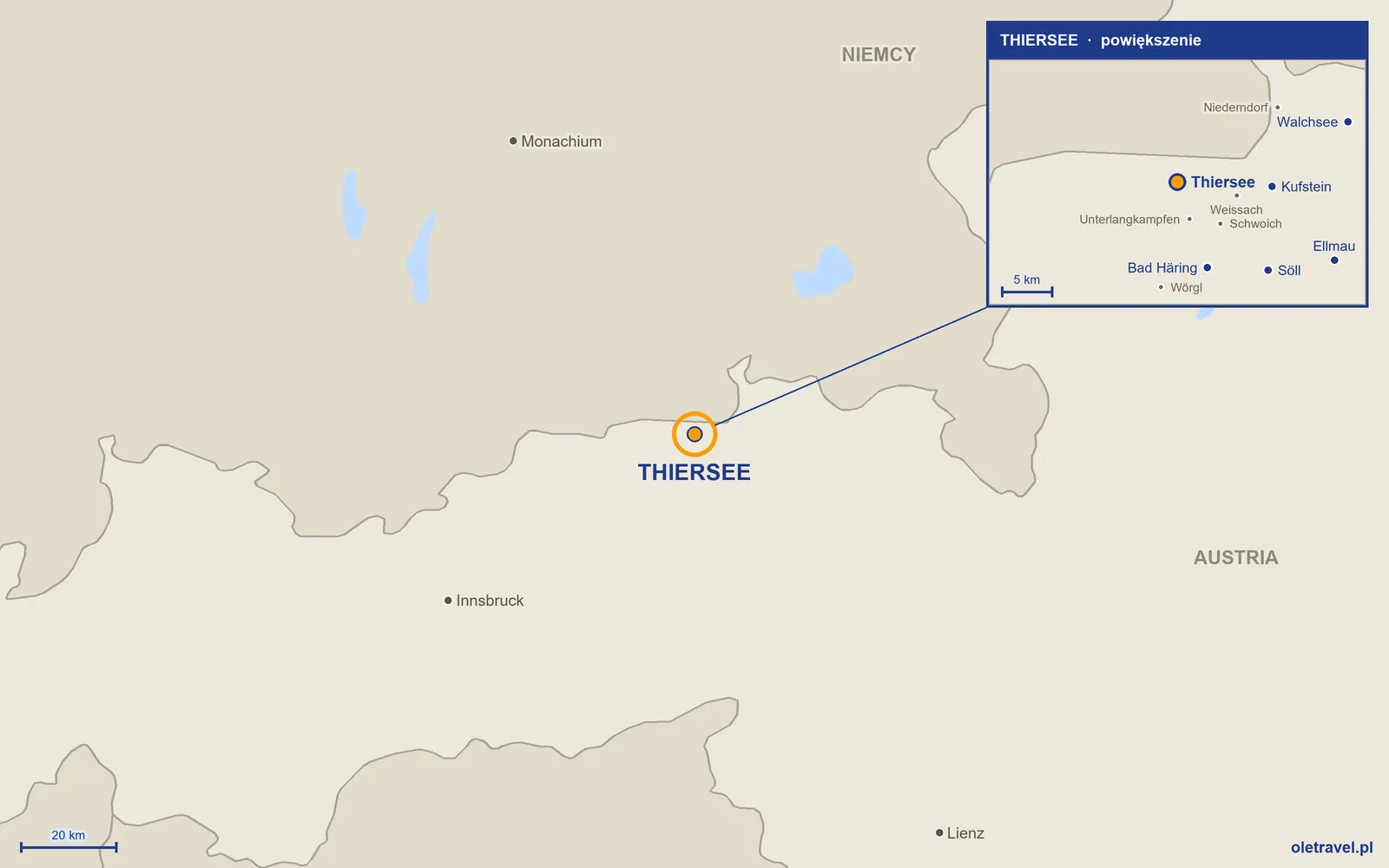 Mapa Austrii z zaznaczonym położeniem: Thiersee; w powiększeniu okolice z sąsiednimi miejscowościami