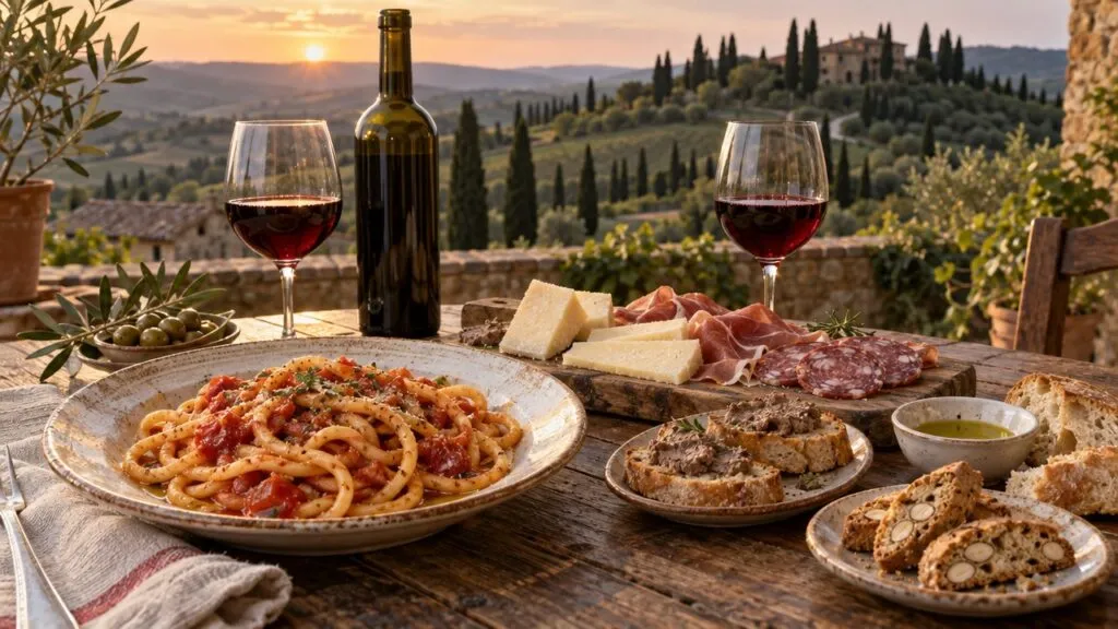 makaron pici, pecorino, szynka, crostini i cantucci z czerwonym winem na tarasie z widokiem na toskańskie wzgórza