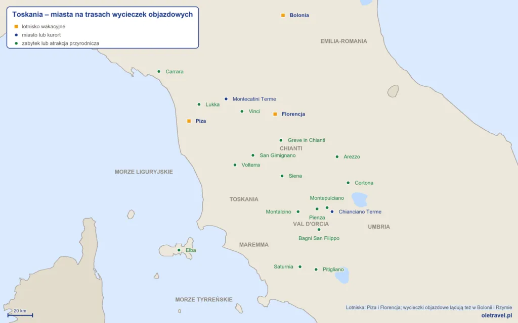mapa Toskanii: lotniska w Pizie i Florencji, miasta na trasach wycieczek objazdowych