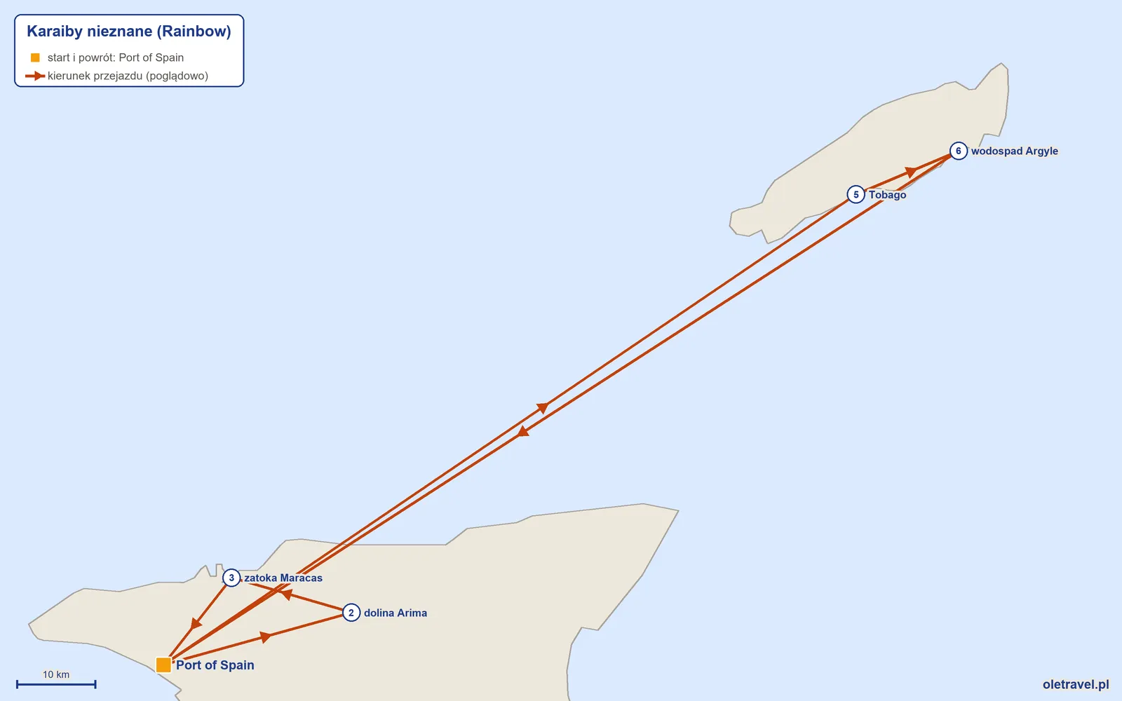 Mapa trasy wycieczki „Karaiby nieznane” z Rainbow: Port of Spain – dolina Arima – zatoka Maracas – Port of Spain – Tobago – wodospad Argyle – Port of Spain