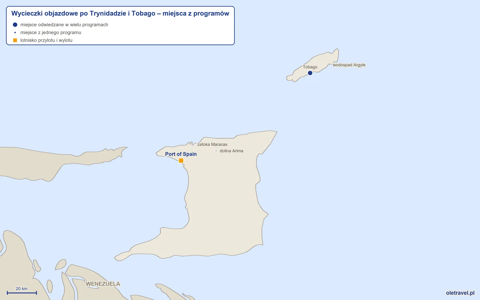 Mapa: Trynidad i Tobago z miejscami odwiedzanymi na wycieczkach objazdowych z naszej oferty