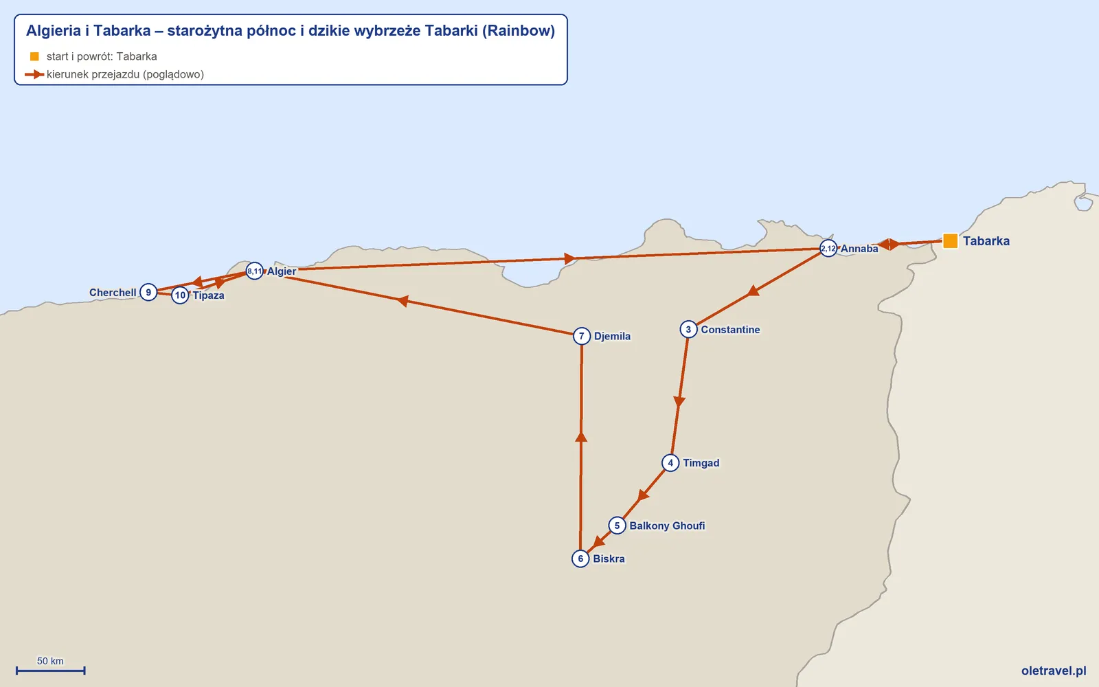 Mapa trasy wycieczki „Algieria i Tabarka – starożytna północ i dzikie wybrzeże Tabarki” z Rainbow: Tabarka – Annaba – Constantine – Timgad – Balkony Ghoufi – Biskra – Djemila – Algier – Cherchell – Tipaza – Algier – Annaba – Tabarka