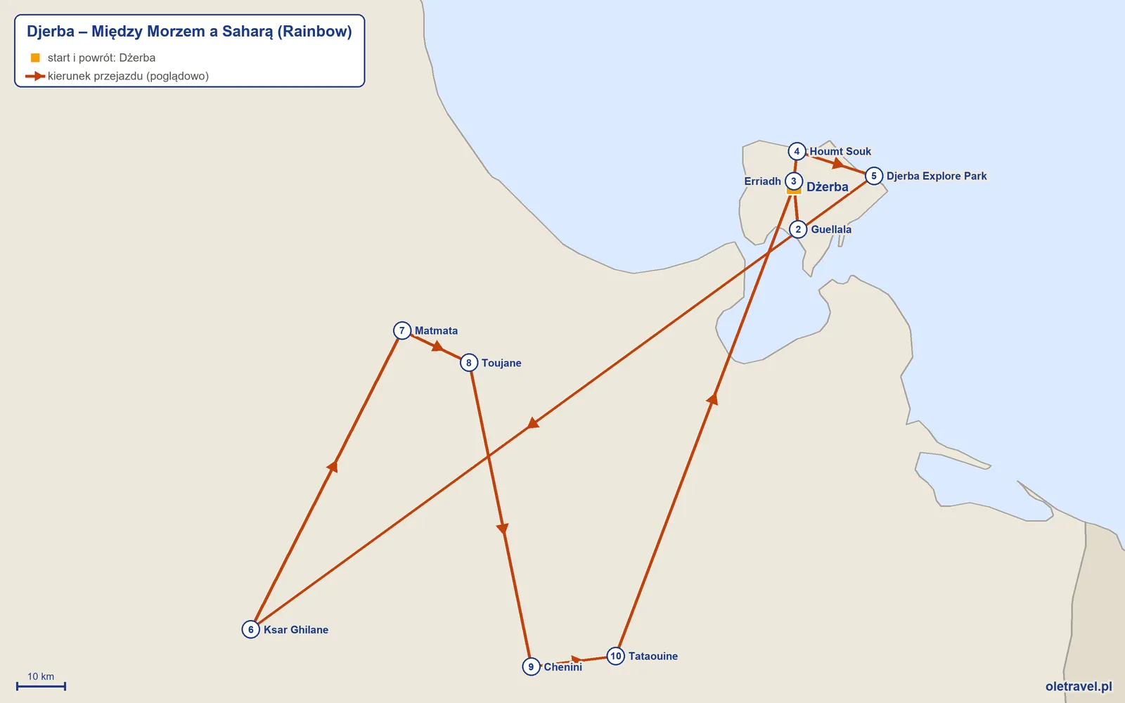 Mapa trasy wycieczki „Djerba – Między Morzem a Saharą” z Rainbow: Dżerba – Guellala – Erriadh – Houmt Souk – Djerba Explore Park – Ksar Ghilane – Matmata – Toujane – Chenini – Tataouine – Dżerba