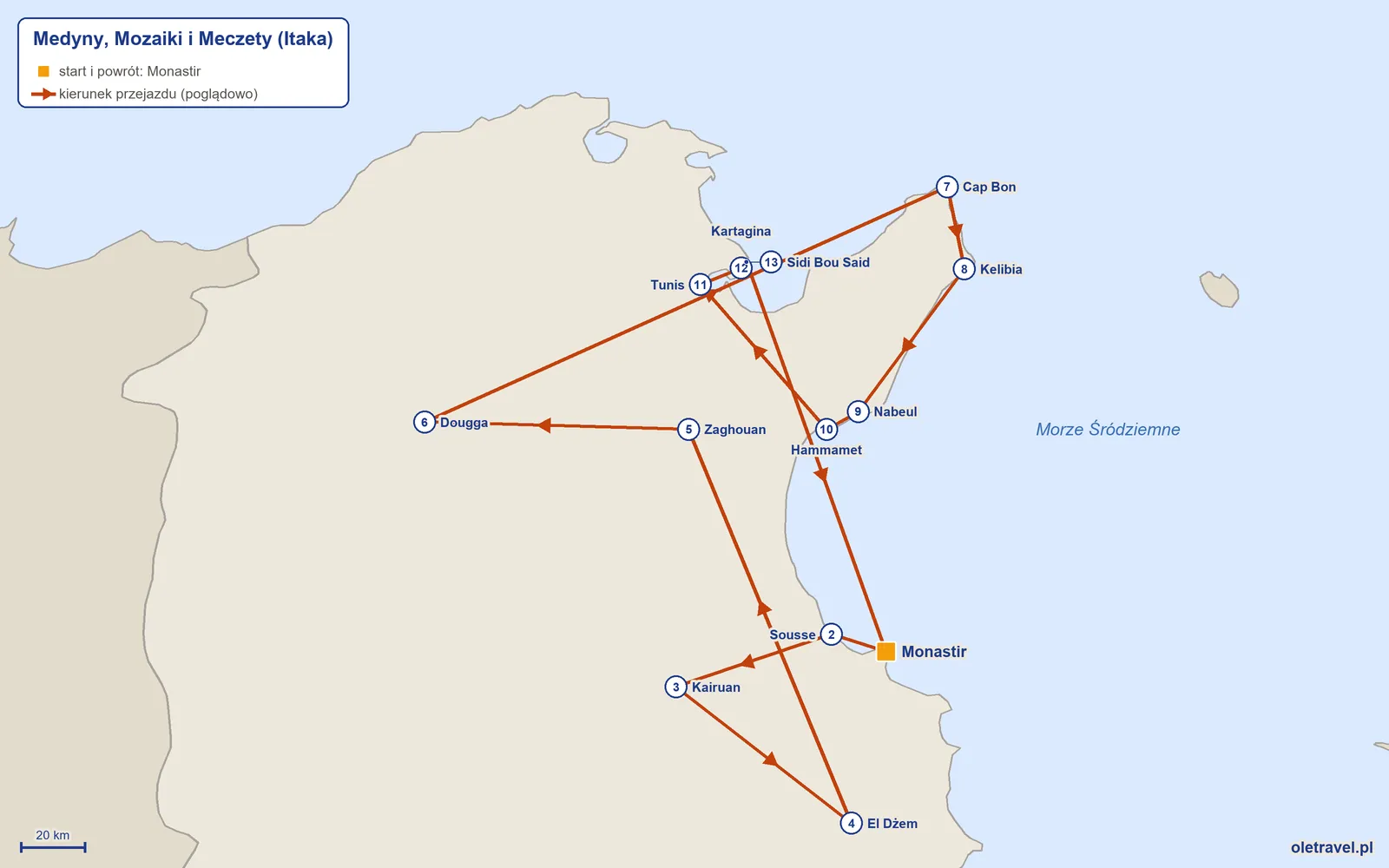Mapa trasy wycieczki „Medyny, Mozaiki i Meczety” z Itaką: Monastir – Sousse – Kairuan – El Dżem – Zaghouan – Dougga – Cap Bon – Kelibia – Nabeul – Hammamet – Tunis – Kartagina – Sidi Bou Said – Monastir