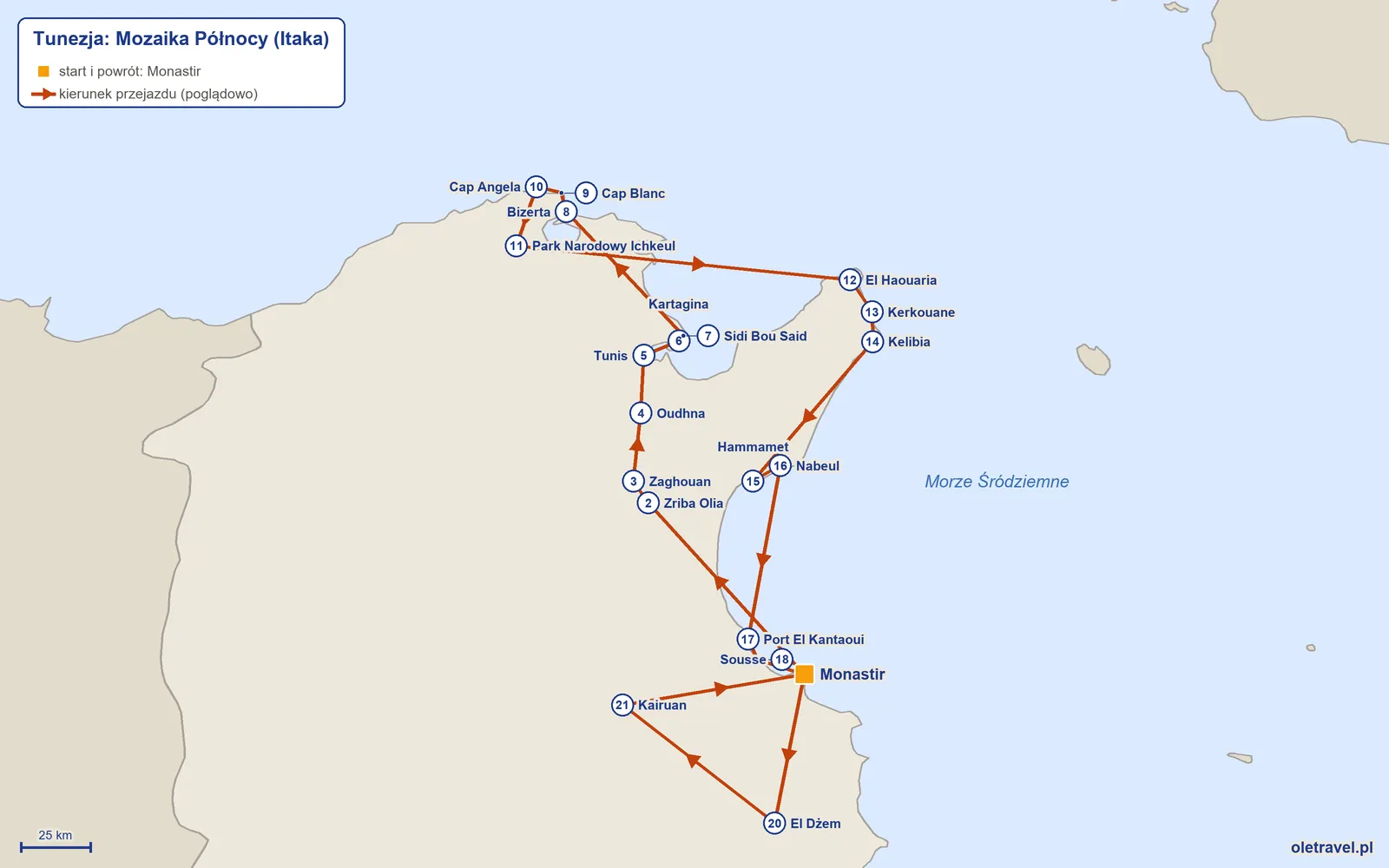 Mapa trasy wycieczki „Tunezja: Mozaika Północy” z Itaką: Monastir – Zriba Olia – Zaghouan – Oudhna – Tunis – Kartagina – Sidi Bou Said – Bizerta – Cap Blanc – Cap Angela – Park Narodowy Ichkeul – El Haouaria – Kerkouane – Kelibia – Hammamet – Nabeul – Port El Kantaoui – Sousse – Monastir – El Dżem – Kairuan – Monastir
