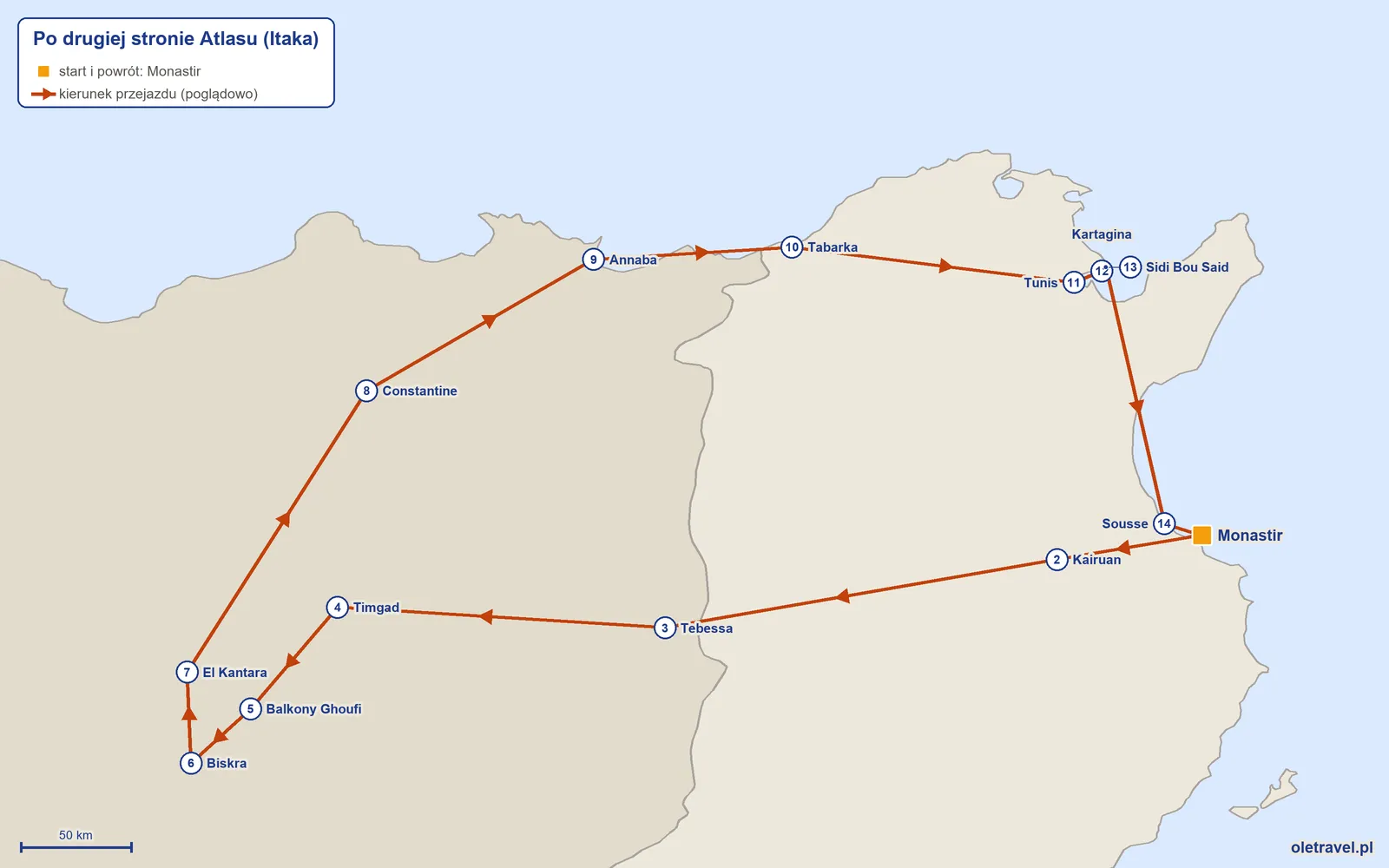 Mapa trasy wycieczki „Po drugiej stronie Atlasu” z Itaką: Monastir – Kairuan – Tebessa – Timgad – Balkony Ghoufi – Biskra – El Kantara – Constantine – Annaba – Tabarka – Tunis – Kartagina – Sidi Bou Said – Sousse – Monastir