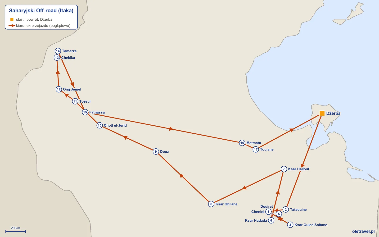 Mapa trasy wycieczki „Saharyjski Off-road” z Itaką: Dżerba – Tataouine – Chenini – Ksar Ouled Soltane – Douiret – Ksar Hadada – Ksar Hallouf – Ksar Ghilane – Douz – Chott el-Jerid – Tozeur – Ong Jemel – Chebika – Tamerza – Fatnassa – Matmata – Toujane – Dżerba