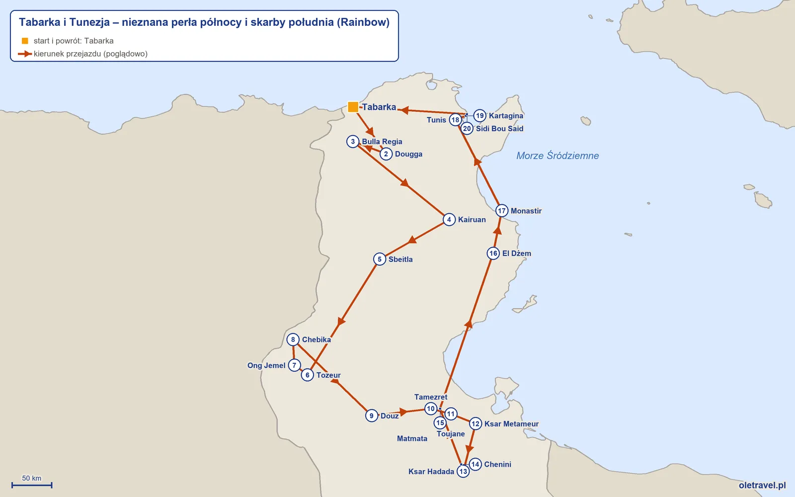 Mapa trasy wycieczki „Tabarka i Tunezja – nieznana perła północy i skarby południa” z Rainbow: Tabarka – Dougga – Bulla Regia – Kairuan – Sbeitla – Tozeur – Ong Jemel – Chebika – Douz – Tamezret – Toujane – Ksar Metameur – Ksar Hadada – Chenini – Matmata – El Dżem – Monastir – Tunis – Kartagina – Sidi Bou Said – Tabarka