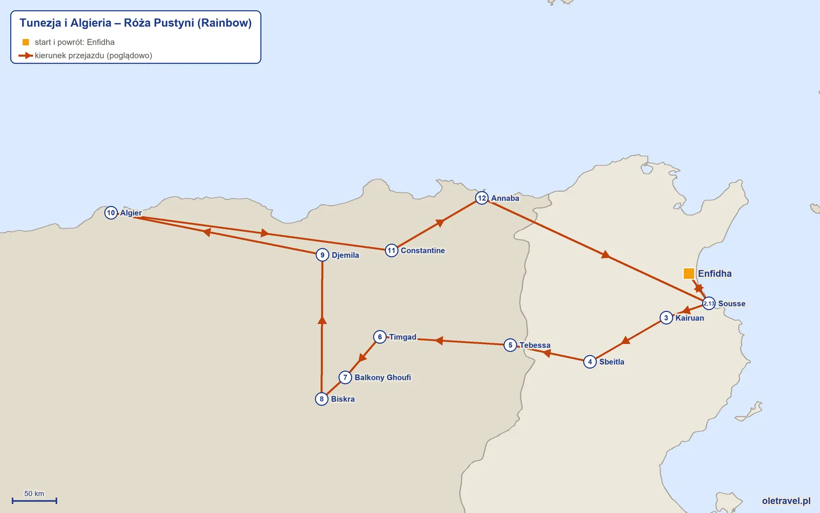 Mapa trasy wycieczki „Tunezja i Algieria – Róża Pustyni” z Rainbow: Enfidha – Sousse – Kairuan – Sbeitla – Tebessa – Timgad – Balkony Ghoufi – Biskra – Djemila – Algier – Constantine – Annaba – Sousse – Enfidha