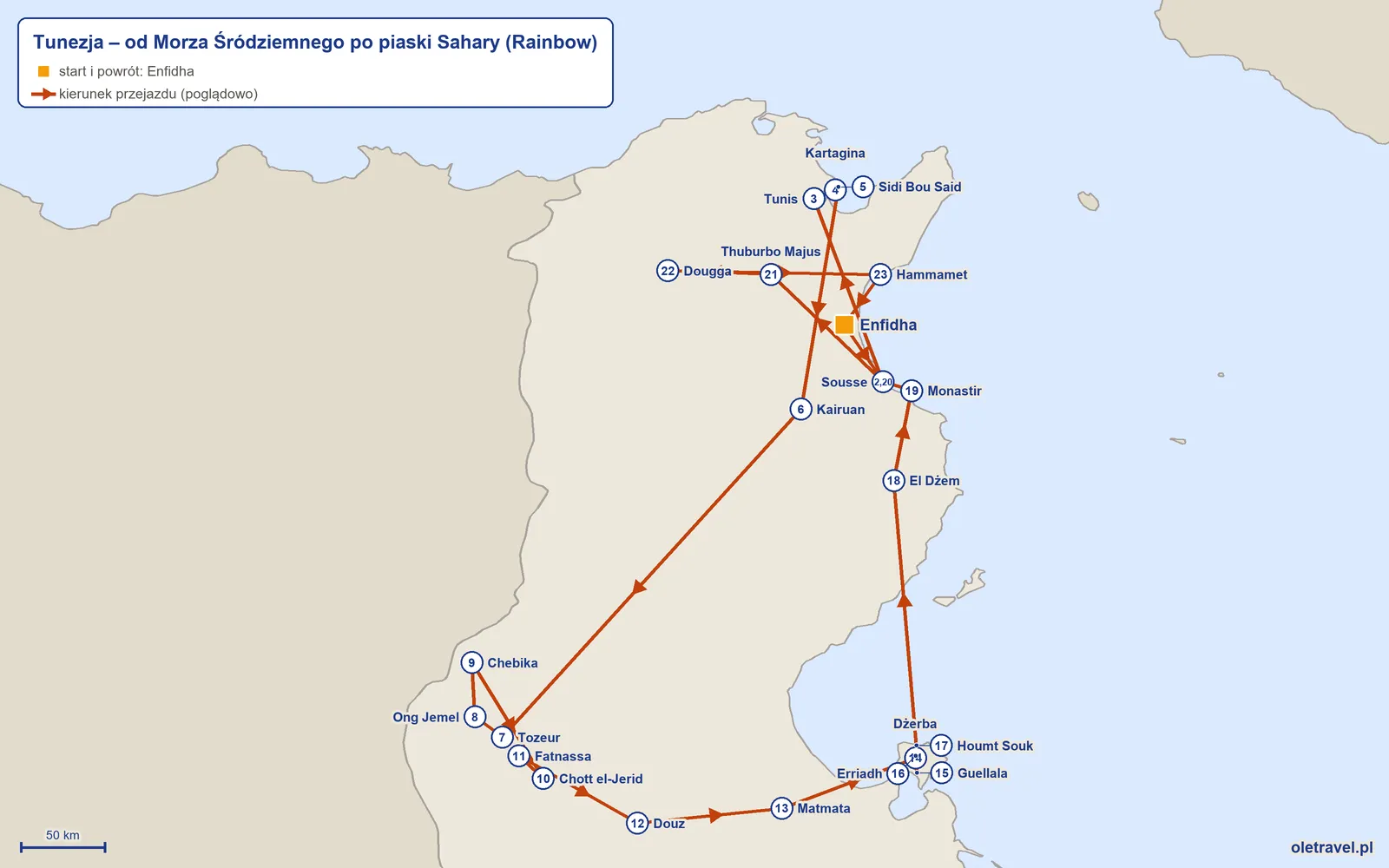 Mapa trasy wycieczki „Tunezja – od Morza Śródziemnego po piaski Sahary” z Rainbow: Enfidha – Sousse – Tunis – Kartagina – Sidi Bou Said – Kairuan – Tozeur – Ong Jemel – Chebika – Chott el-Jerid – Fatnassa – Douz – Matmata – Dżerba – Guellala – Erriadh – Houmt Souk – El Dżem – Monastir – Sousse – Thuburbo Majus – Dougga – Hammamet – Enfidha