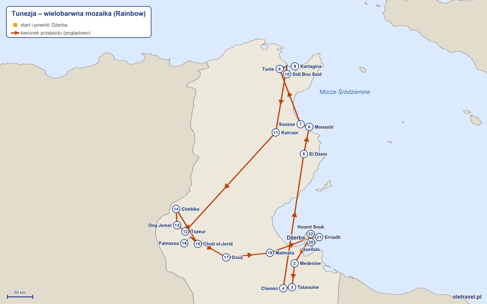 Mapa trasy wycieczki „Tunezja – wielobarwna mozaika” z Rainbow: Dżerba – Medenine – Tataouine – Chenini – El Dżem – Monastir – Sousse – Tunis – Kartagina – Sidi Bou Said – Kairuan – Tozeur – Ong Jemel – Chebika – Chott el-Jerid – Fatnassa – Douz – Matmata – Dżerba – Guellala – Erriadh – Houmt Souk – Dżerba