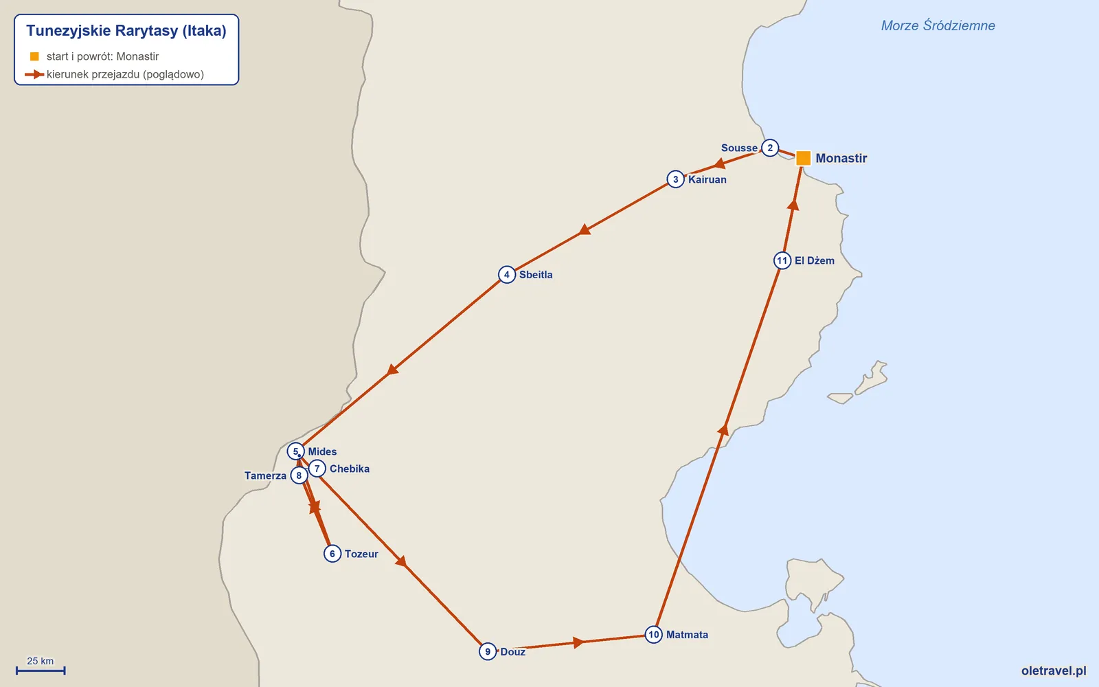 Mapa trasy wycieczki „Tunezyjskie Rarytasy” z Itaką: Monastir – Sousse – Kairuan – Sbeitla – Mides – Tozeur – Chebika – Tamerza – Douz – Matmata – El Dżem – Monastir