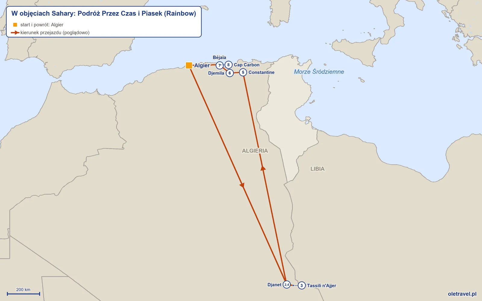 Mapa trasy wycieczki „W objęciach Sahary: Podróż Przez Czas i Piasek” z Rainbow: Algier – Djanet – Tassili n'Ajjer – Djanet – Constantine – Djemila – Béjaïa – Cap Carbon – Algier