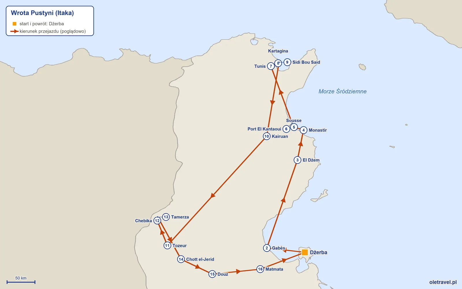 Mapa trasy wycieczki „Wrota Pustyni” z Itaką: Dżerba – Gabès – El Dżem – Monastir – Sousse – Port El Kantaoui – Tunis – Kartagina – Sidi Bou Said – Kairuan – Tozeur – Chebika – Tamerza – Chott el-Jerid – Douz – Matmata – Dżerba