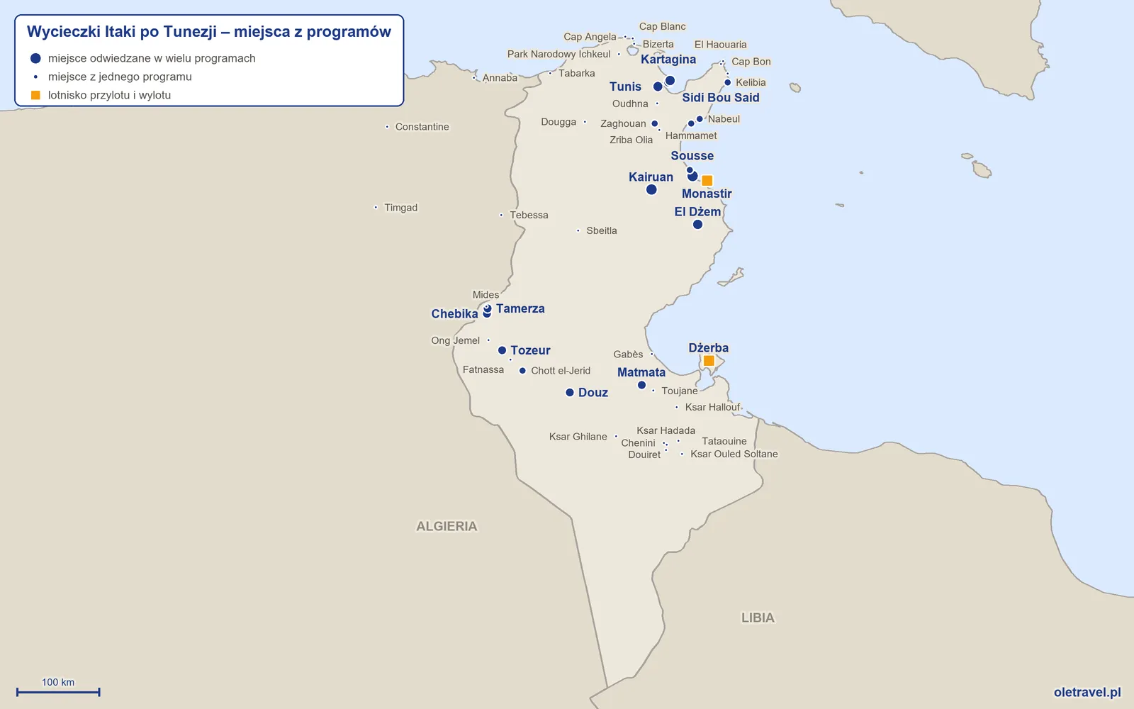 Mapa: Tunezja z miejscami z programów wycieczek objazdowych Itaki