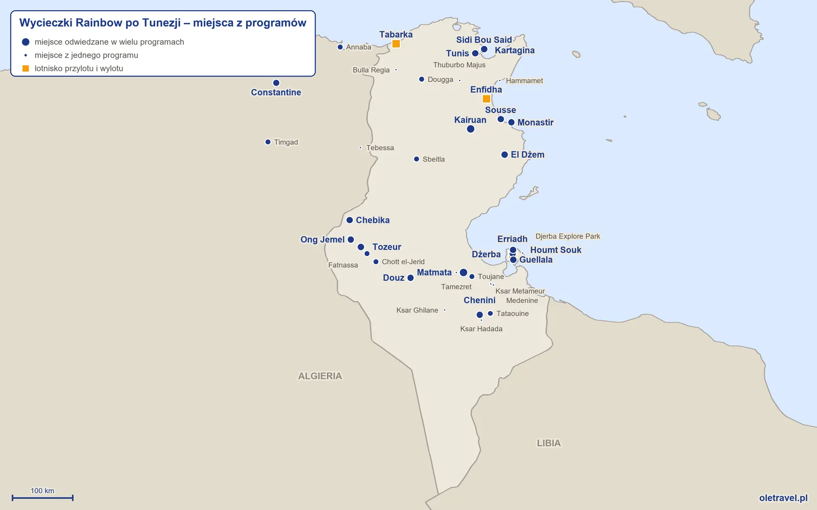 Mapa: Tunezja z miejscami z programów wycieczek objazdowych Rainbow