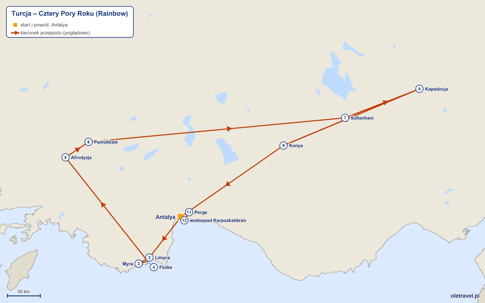 Mapa trasy wycieczki „Turcja – Cztery Pory Roku” z Rainbow: Antalya – Limyra – Myra – Finike – Afrodyzja – Pamukkale – Sultanhanı – Kapadocja – Konya – Antalya – Perge – wodospad Karpuzkaldıran – Antalya