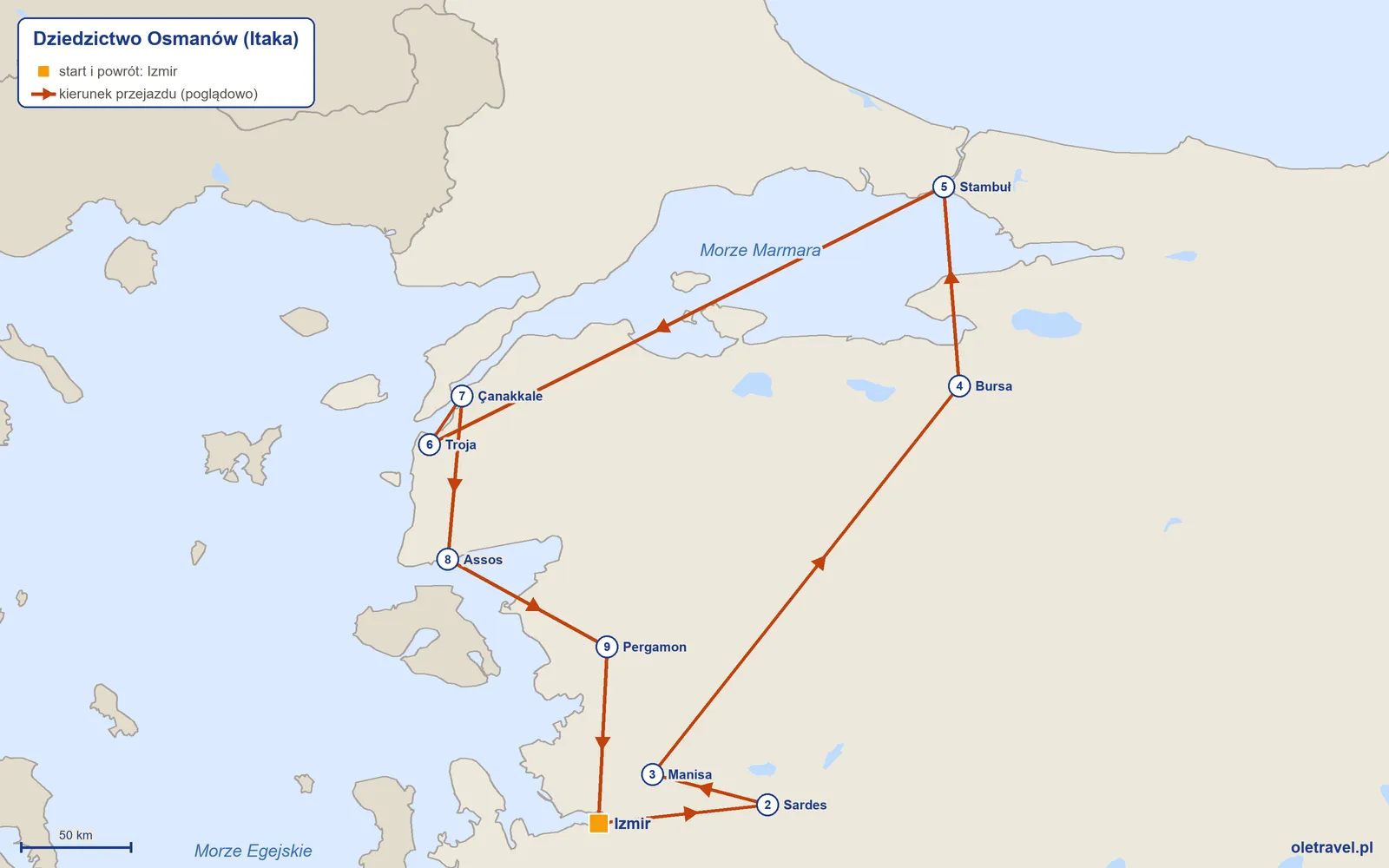 Mapa trasy wycieczki „Dziedzictwo Osmanów” z Itaką: Izmir – Sardes – Manisa – Bursa – Stambuł – Troja – Çanakkale – Assos – Pergamon – Izmir