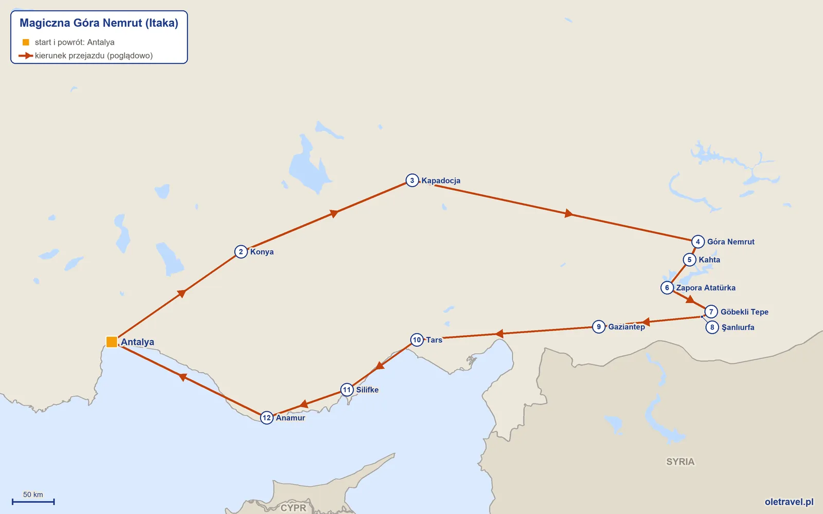 Mapa trasy wycieczki „Magiczna Góra Nemrut” z Itaką: Antalya – Konya – Kapadocja – Góra Nemrut – Kahta – Zapora Atatürka – Göbekli Tepe – Şanlıurfa – Gaziantep – Tars – Silifke – Anamur – Antalya