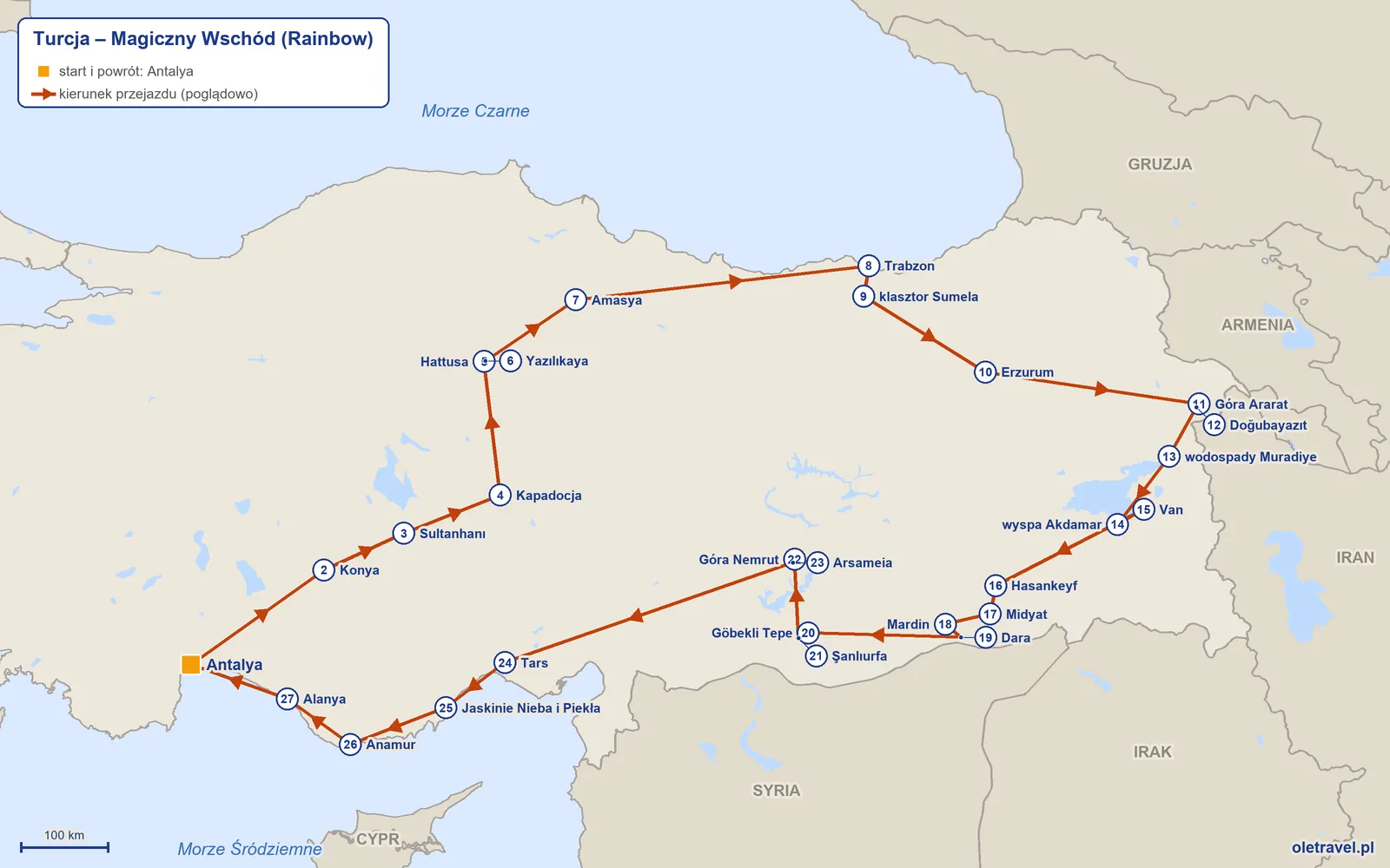 Mapa trasy wycieczki „Turcja – Magiczny Wschód” z Rainbow: Antalya – Konya – Sultanhanı – Kapadocja – Hattusa – Yazılıkaya – Amasya – Trabzon – klasztor Sumela – Erzurum – Góra Ararat – Doğubayazıt – wodospady Muradiye – wyspa Akdamar – Van – Hasankeyf – Midyat – Mardin – Dara – Göbekli Tepe – Şanlıurfa – Góra Nemrut – Arsameia – Tars – Jaskinie Nieba i Piekła – Anamur – Alanya – Antalya