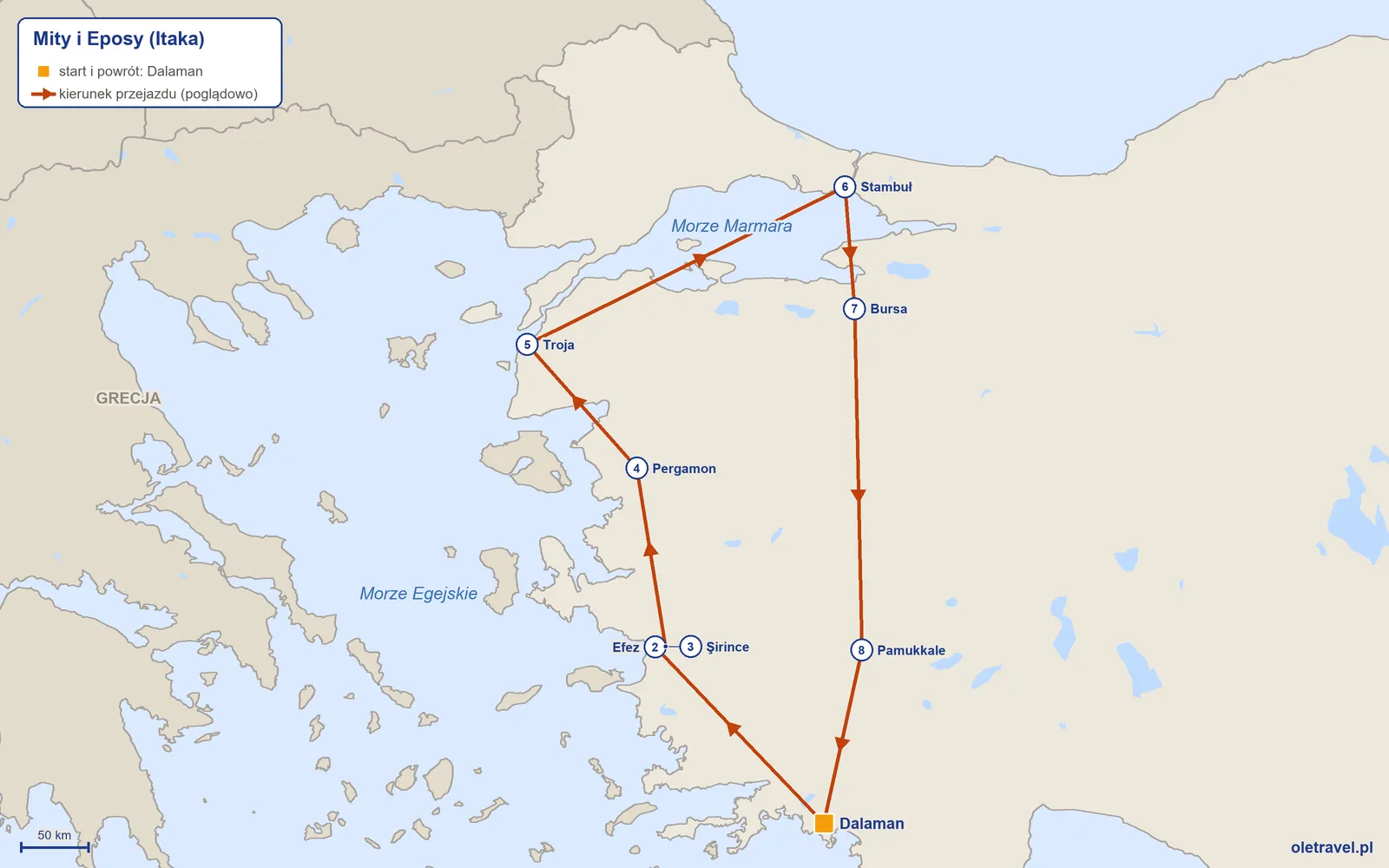 Mapa trasy wycieczki „Mity i Eposy” z Itaką: Dalaman – Efez – Şirince – Pergamon – Troja – Stambuł – Bursa – Pamukkale – Dalaman