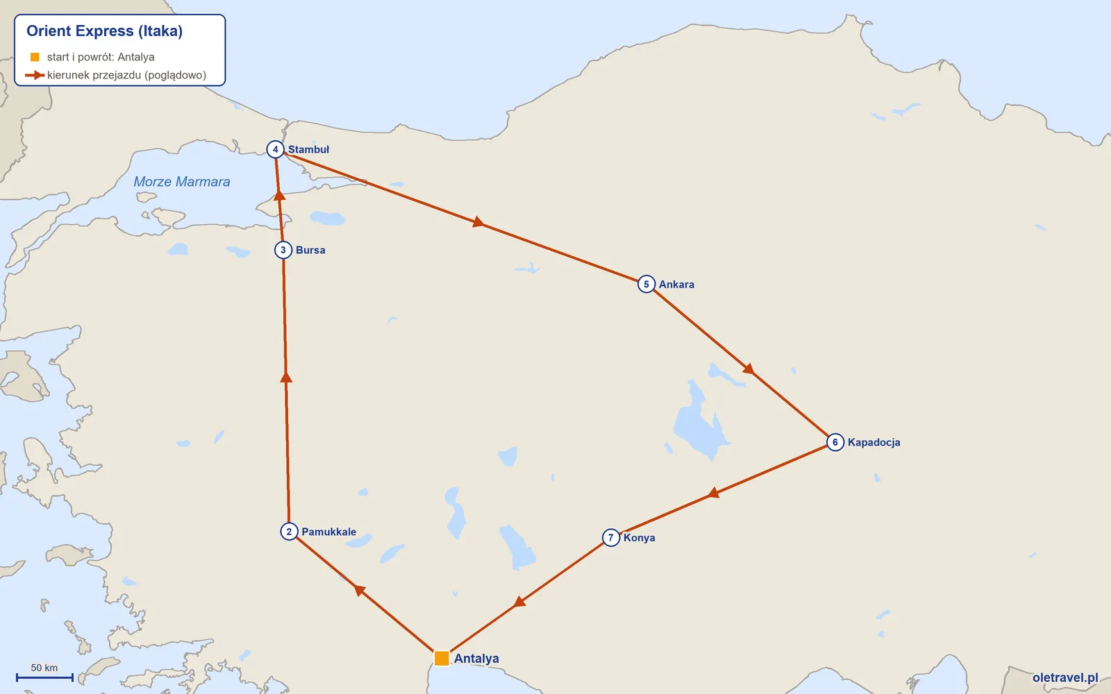 Mapa trasy wycieczki „Orient Express” z Itaką: Antalya – Pamukkale – Bursa – Stambuł – Ankara – Kapadocja – Konya – Antalya