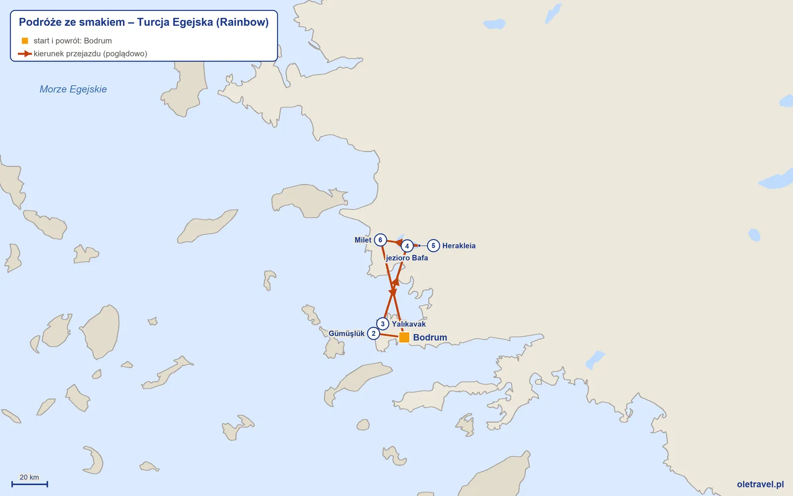 Mapa trasy wycieczki „Podróże ze smakiem – Turcja Egejska” z Rainbow: Bodrum – Gümüşlük – Yalıkavak – jezioro Bafa – Herakleia – Milet – Bodrum