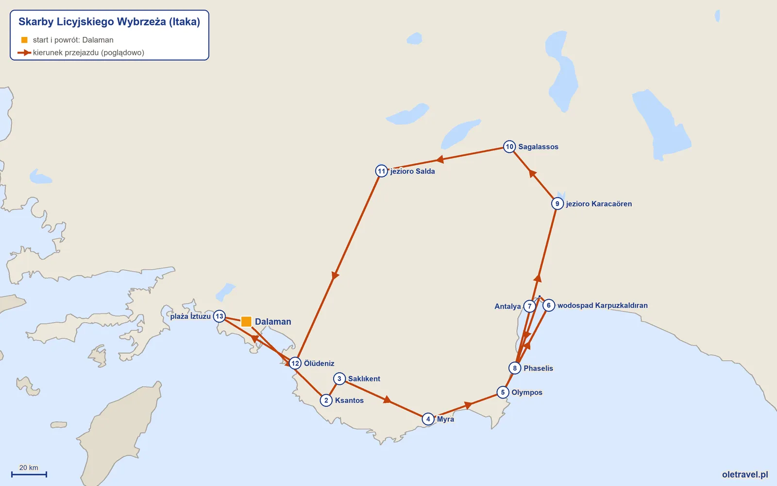 Mapa trasy wycieczki „Skarby Licyjskiego Wybrzeża” z Itaką: Dalaman – Ksantos – Saklıkent – Myra – Olympos – wodospad Karpuzkaldıran – Antalya – Phaselis – jezioro Karacaören – Sagalassos – jezioro Salda – Ölüdeniz – plaża İztuzu – Dalaman